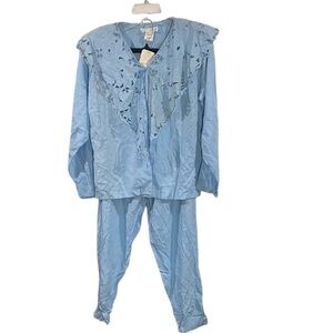 2 Piece Vintage Emerald Sky Blue Rayon Pant Set One Size